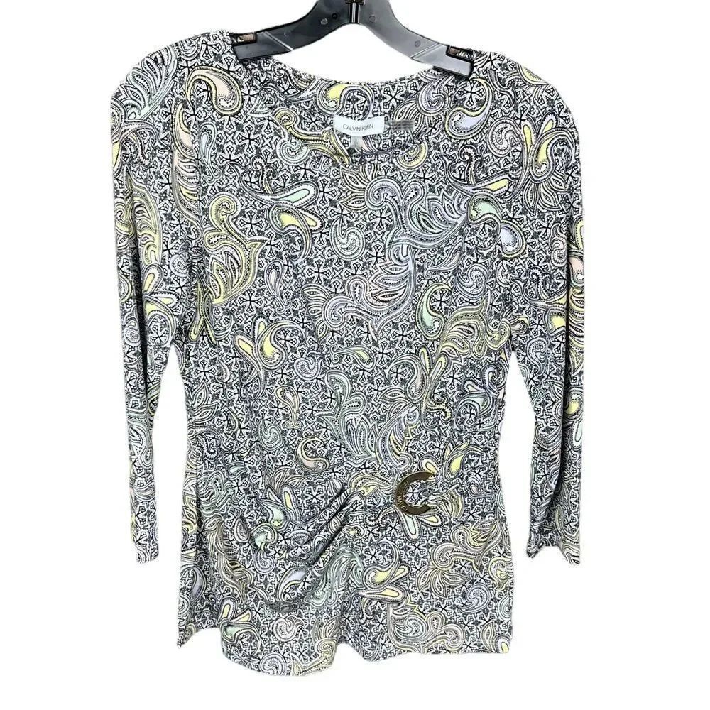 Calvin Klein Blouse Paisley Black Multi Ruched Front 3 Quarter Sleeves Small